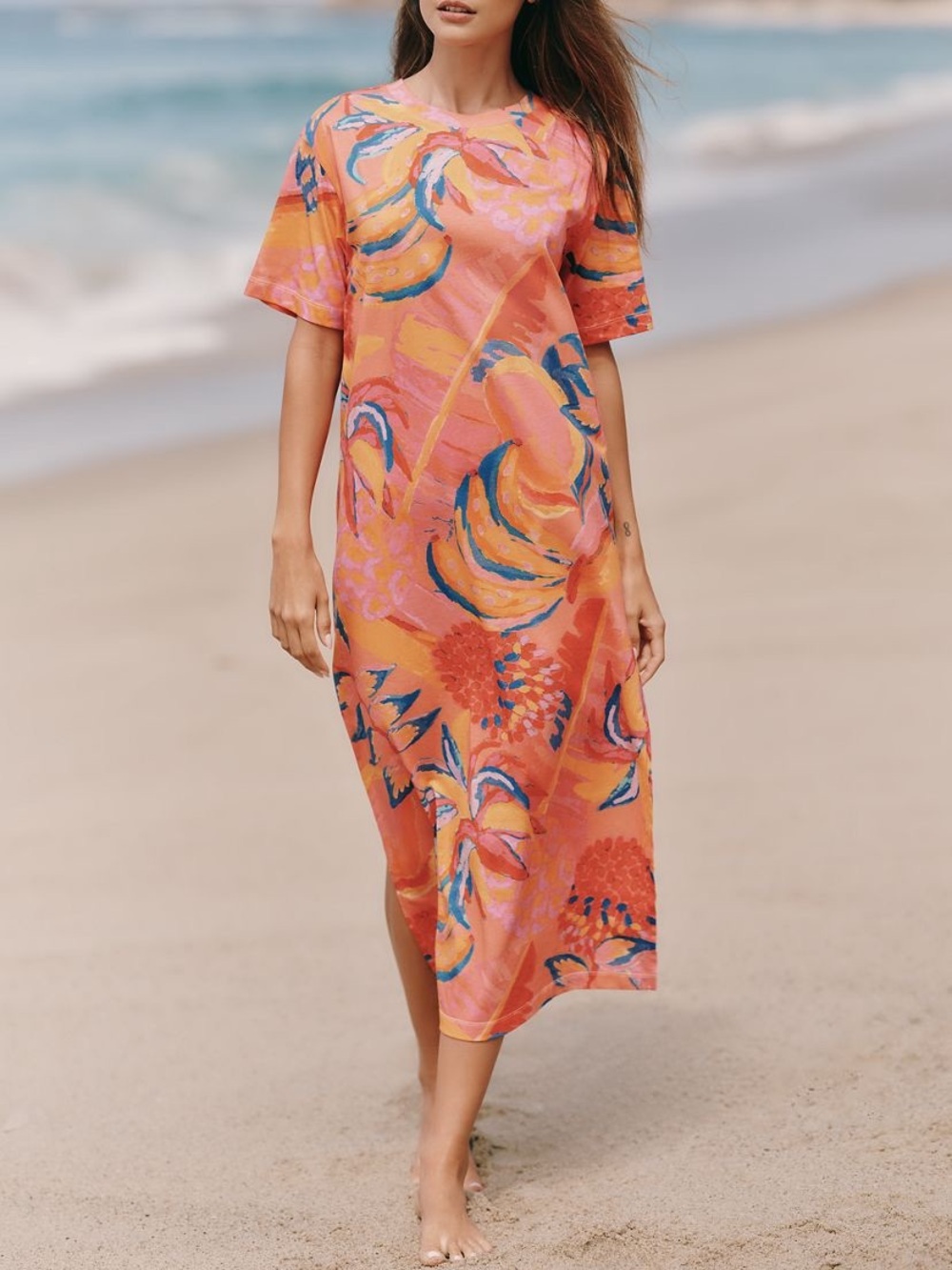 Anthropologie Farm Rio Coral Pink Orange Floral Midi Dress